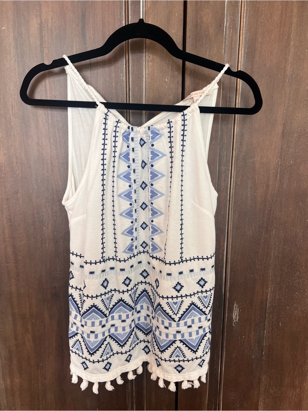 Skies Are Blue White Embroidered Tank with Braided Straps
